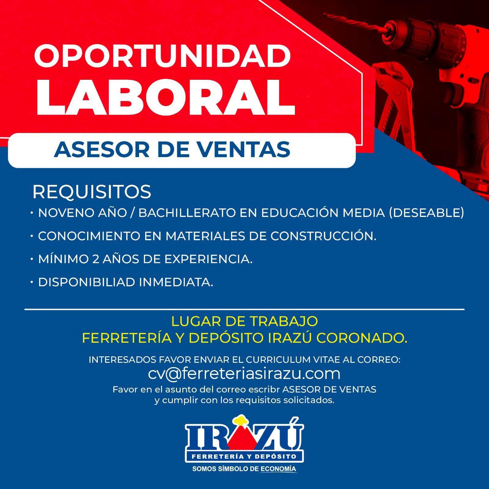 Oportunidad laboral en ferretería y depósito Irazú Coronado