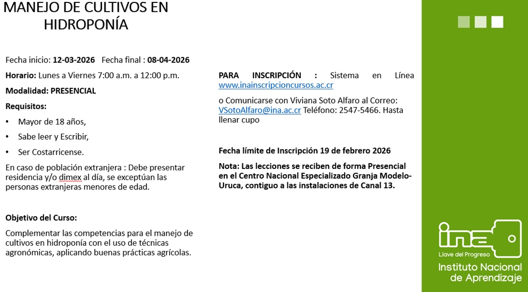 Curso de manejo de cultivos en hidroponia en marzo